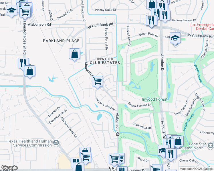 map of restaurants, bars, coffee shops, grocery stores, and more near 7346 Alabonson Road in Houston
