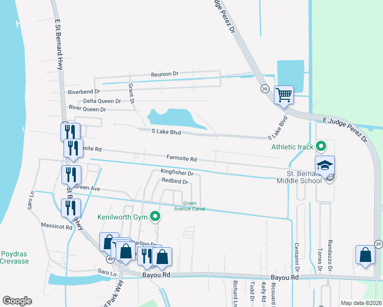 map of restaurants, bars, coffee shops, grocery stores, and more near 2600 Farmsite Road in Violet