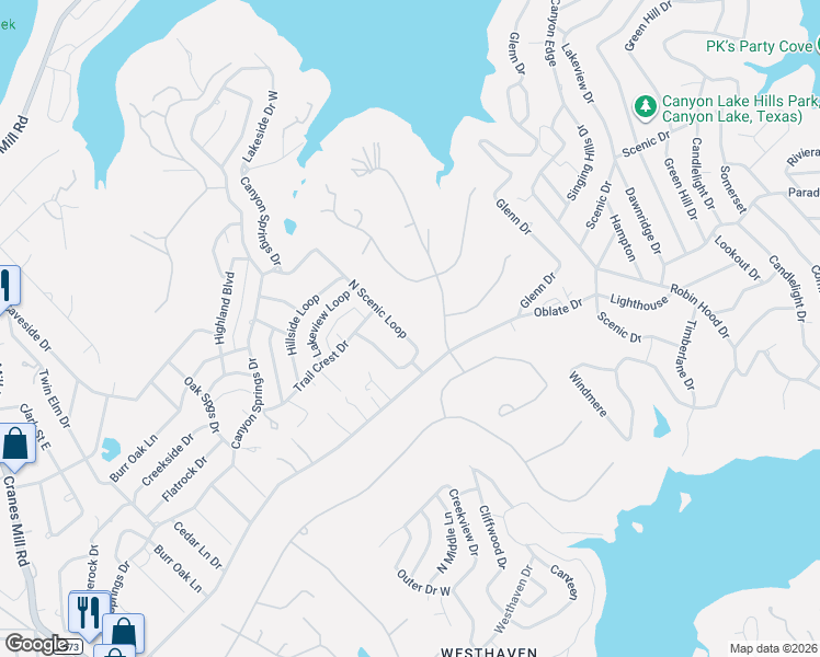 map of restaurants, bars, coffee shops, grocery stores, and more near 214 North Scenic Loop in Canyon Lake