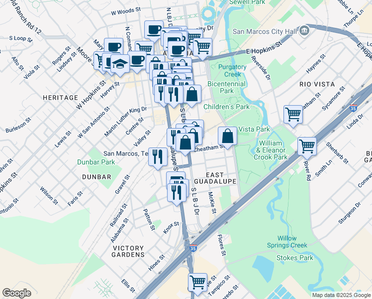 map of restaurants, bars, coffee shops, grocery stores, and more near 390 South L B J Drive in San Marcos