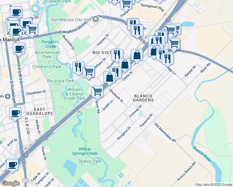 map of restaurants, bars, coffee shops, grocery stores, and more near 303 Smith Lane in San Marcos
