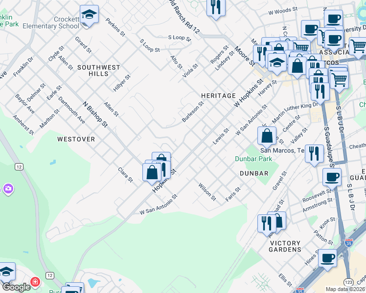map of restaurants, bars, coffee shops, grocery stores, and more near 216 North Johnson Avenue in San Marcos