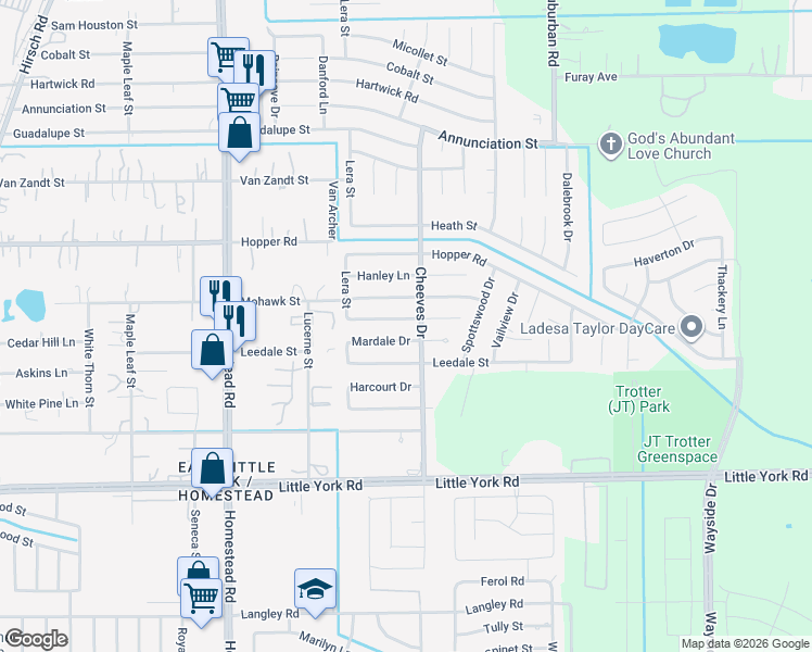 map of restaurants, bars, coffee shops, grocery stores, and more near 6418 Rosemary Lane in Houston