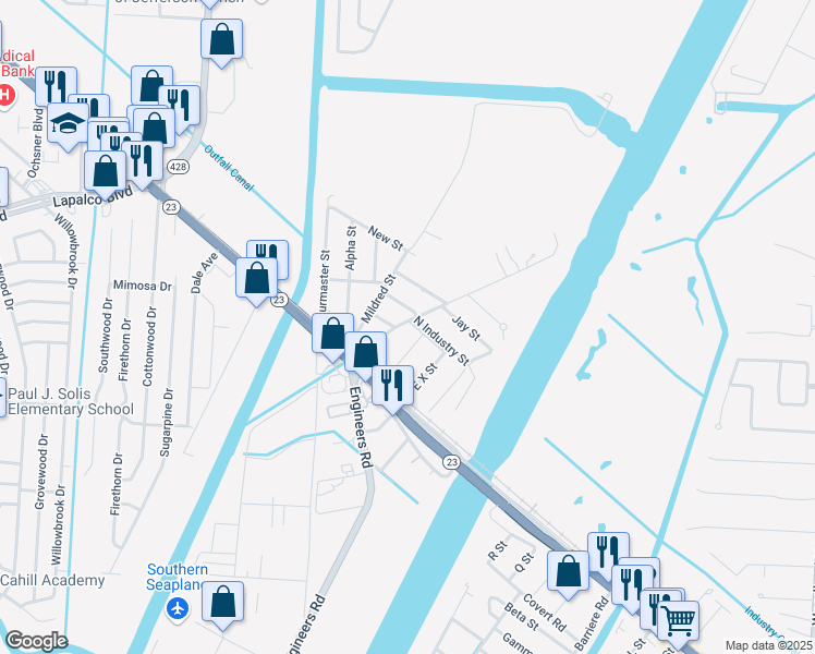 map of restaurants, bars, coffee shops, grocery stores, and more near 119 Planters Canal Road in Belle Chasse