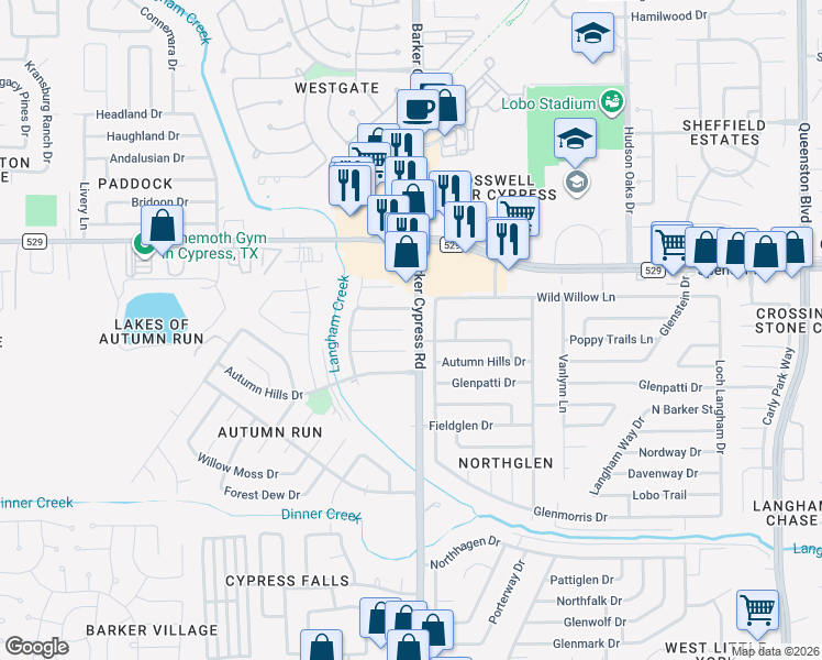 map of restaurants, bars, coffee shops, grocery stores, and more near 18003 Autumn Trails Lane in Katy