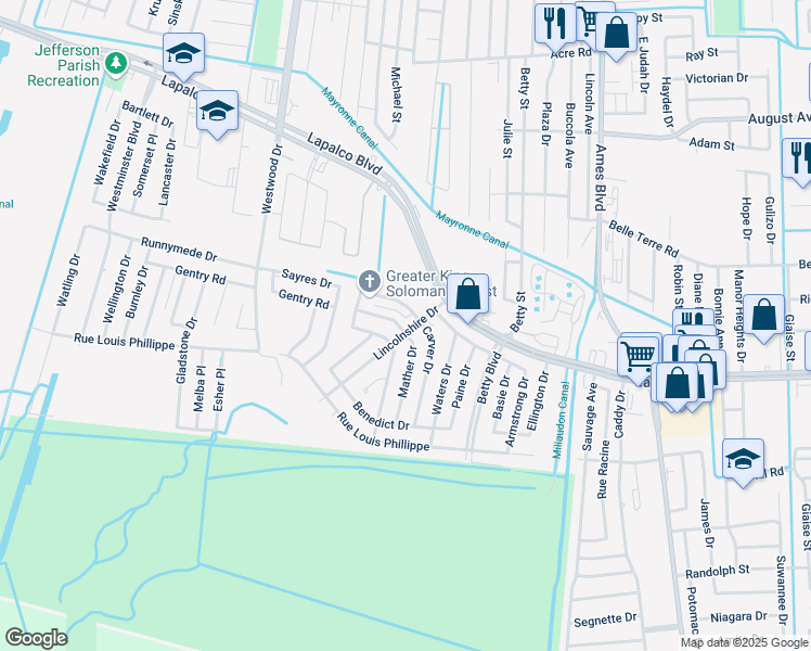 map of restaurants, bars, coffee shops, grocery stores, and more near 6701 Carver Drive in Marrero
