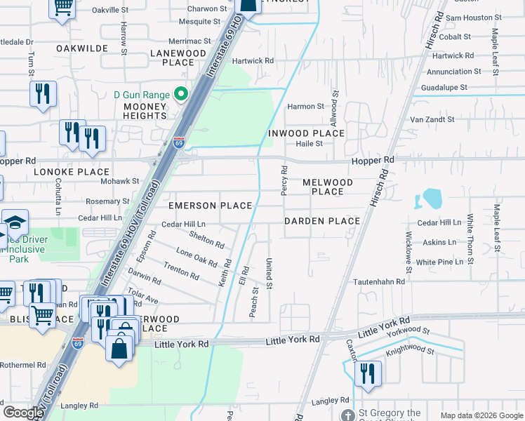 map of restaurants, bars, coffee shops, grocery stores, and more near 4710 Rosemary Lane in Houston