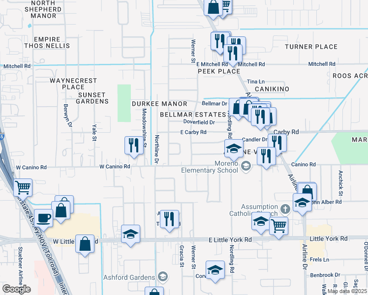 map of restaurants, bars, coffee shops, grocery stores, and more near 223 Candler Drive in Houston