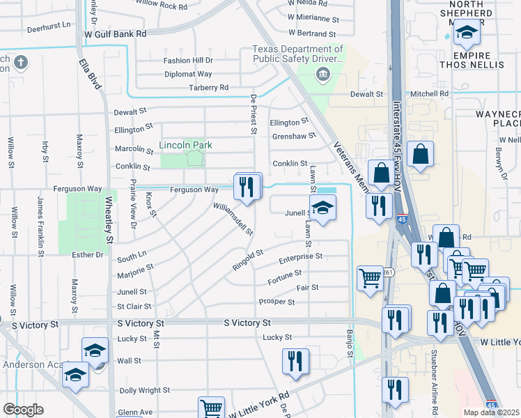 map of restaurants, bars, coffee shops, grocery stores, and more near 8307 De Priest Street in Houston