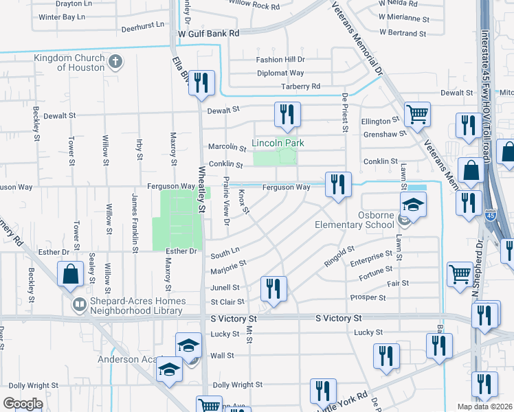 map of restaurants, bars, coffee shops, grocery stores, and more near 8404 Knox Street in Houston