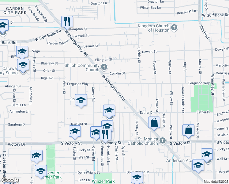 map of restaurants, bars, coffee shops, grocery stores, and more near 9203 West Montgomery Road in Houston