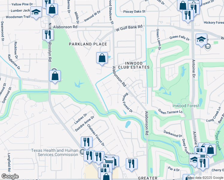 map of restaurants, bars, coffee shops, grocery stores, and more near 6411 Pirtlewood Circle in Houston