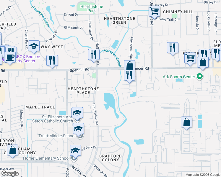 map of restaurants, bars, coffee shops, grocery stores, and more near 14526 Sanour Drive in Houston