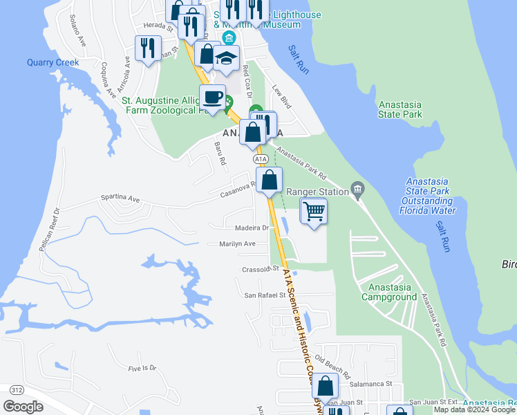 map of restaurants, bars, coffee shops, grocery stores, and more near 10 Barcelona Avenue in St. Augustine