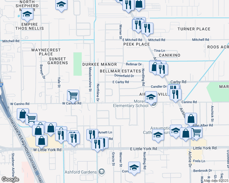 map of restaurants, bars, coffee shops, grocery stores, and more near 223 Candler Drive in Houston
