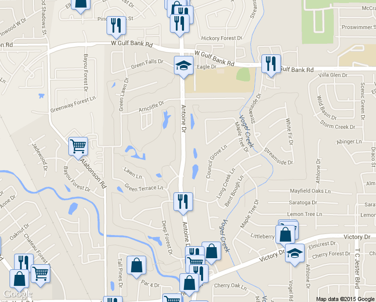 map of restaurants, bars, coffee shops, grocery stores, and more near 7722 Antoine Drive in Houston