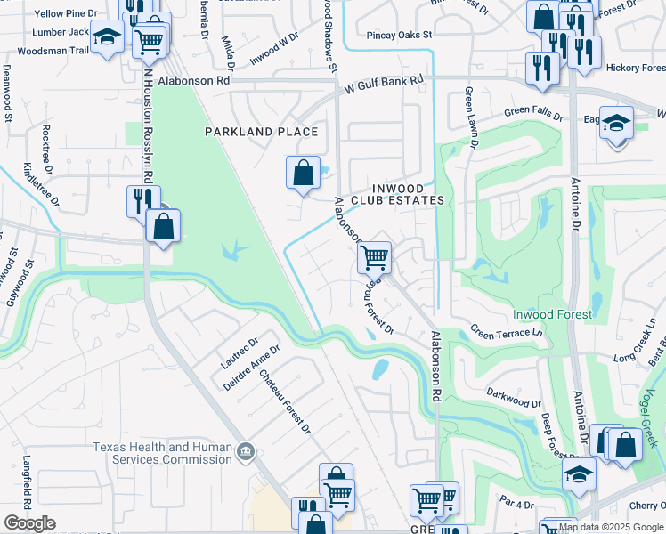 map of restaurants, bars, coffee shops, grocery stores, and more near 6411 Pirtlewood Circle in Houston