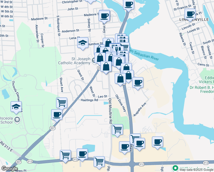 map of restaurants, bars, coffee shops, grocery stores, and more near 1365 Old Moultrie Road in St. Augustine