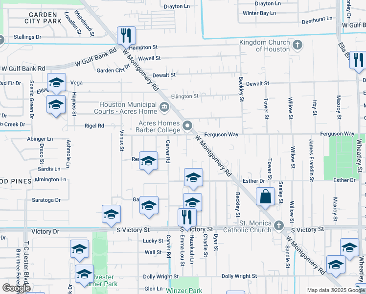 map of restaurants, bars, coffee shops, grocery stores, and more near 8321 Burg Street in Houston