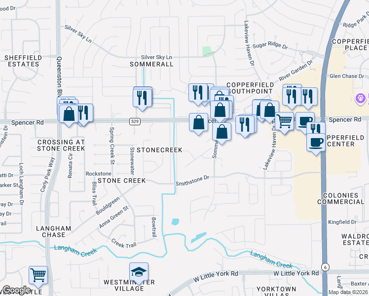 map of restaurants, bars, coffee shops, grocery stores, and more near 16338 Placewood Court in Houston