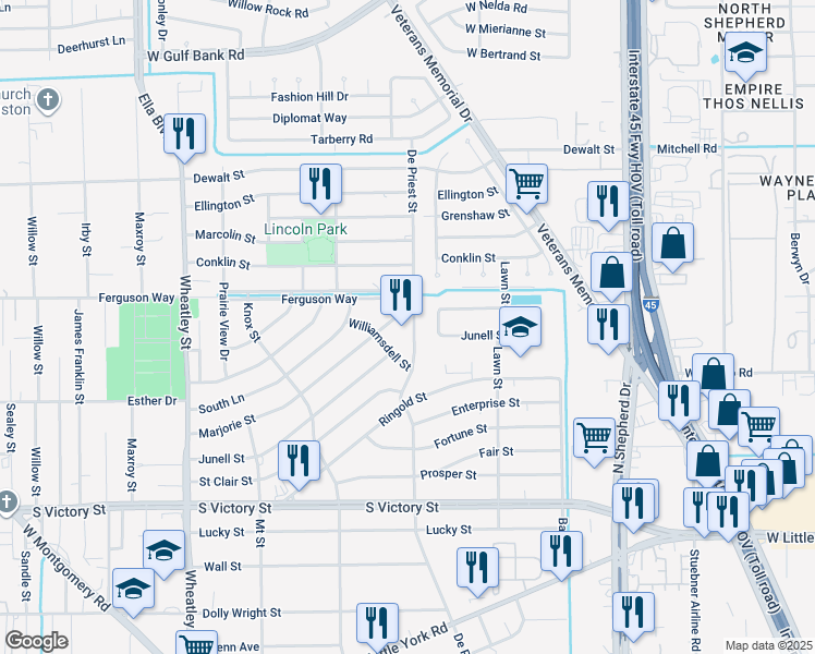 map of restaurants, bars, coffee shops, grocery stores, and more near 8307 De Priest Street in Houston