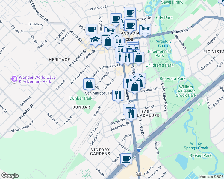 map of restaurants, bars, coffee shops, grocery stores, and more near 409 Valley Street in San Marcos