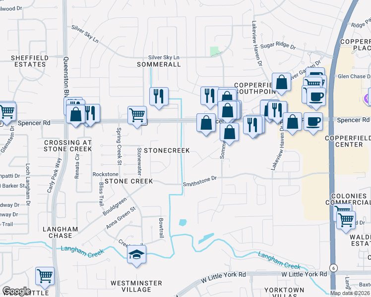 map of restaurants, bars, coffee shops, grocery stores, and more near 16338 Placewood Court in Houston
