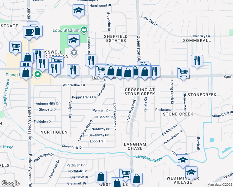 map of restaurants, bars, coffee shops, grocery stores, and more near 6814 Loch Langham Drive in Houston