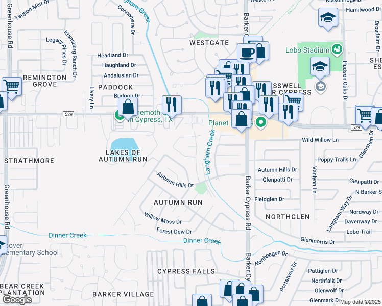 map of restaurants, bars, coffee shops, grocery stores, and more near 18306 Autumn Trails Lane in Katy