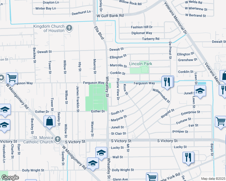map of restaurants, bars, coffee shops, grocery stores, and more near 8313 Prairie View Drive in Houston