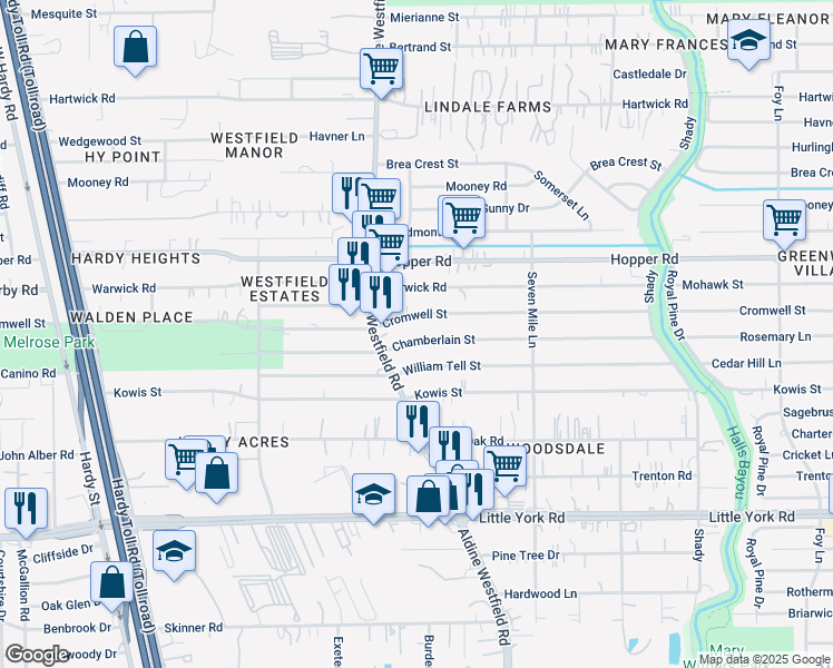 map of restaurants, bars, coffee shops, grocery stores, and more near 2131 Chamberlain Street in Houston