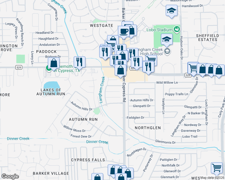 map of restaurants, bars, coffee shops, grocery stores, and more near 18106 Autumn Trails Lane in Katy