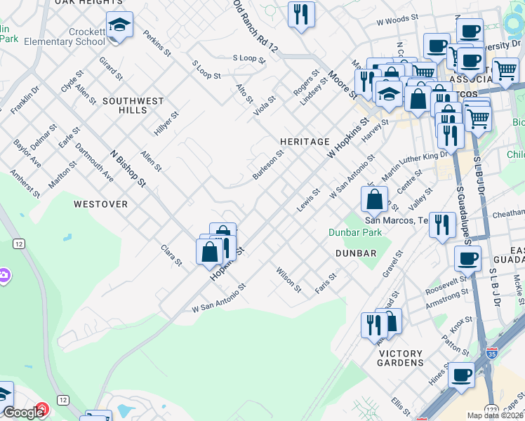 map of restaurants, bars, coffee shops, grocery stores, and more near 216 North Johnson Avenue in San Marcos