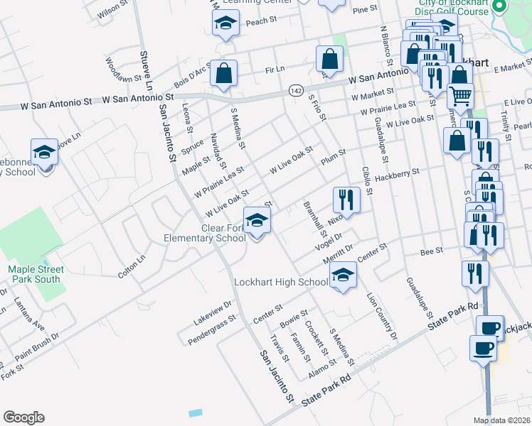 map of restaurants, bars, coffee shops, grocery stores, and more near 825 South Medina Street in Lockhart