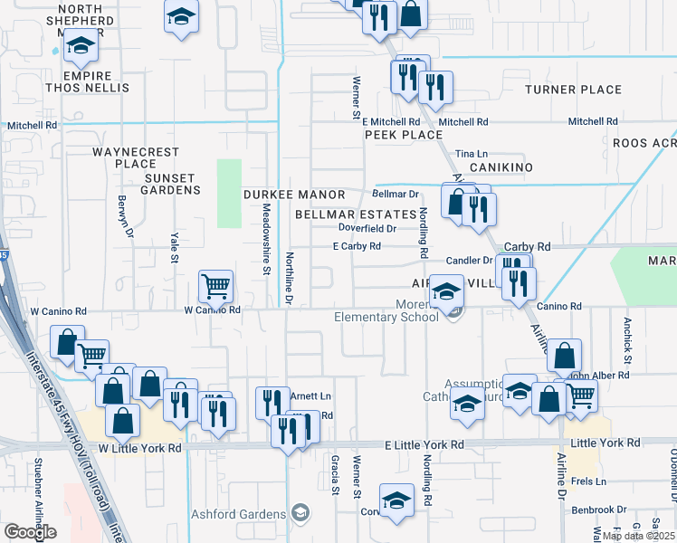 map of restaurants, bars, coffee shops, grocery stores, and more near 223 Candler Drive in Houston