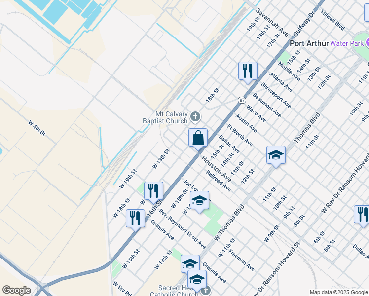 map of restaurants, bars, coffee shops, grocery stores, and more near 1801 Houston Avenue in Port Arthur