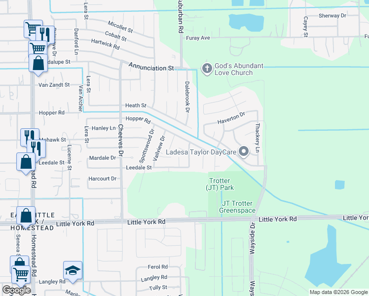 map of restaurants, bars, coffee shops, grocery stores, and more near 6819 Hanley Lane in Houston