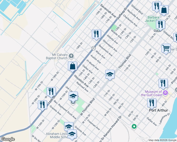 map of restaurants, bars, coffee shops, grocery stores, and more near 247 14th Street in Port Arthur