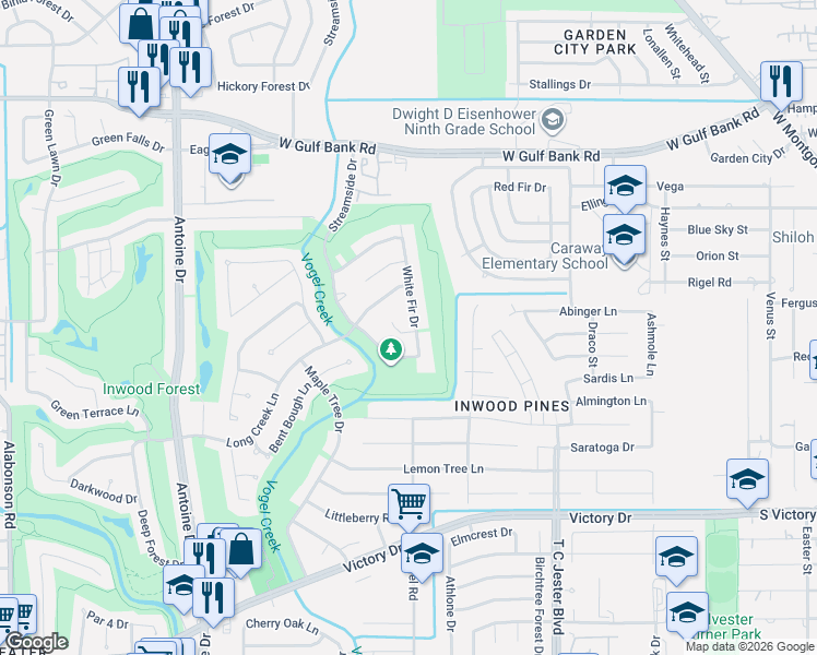 map of restaurants, bars, coffee shops, grocery stores, and more near 7615 White Fir Drive in Houston