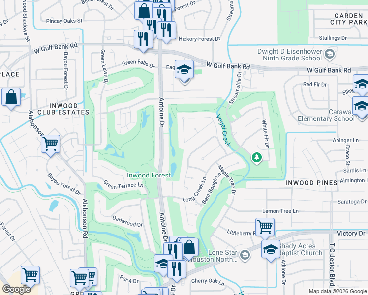 map of restaurants, bars, coffee shops, grocery stores, and more near 7703 Brush Wood Drive in Houston