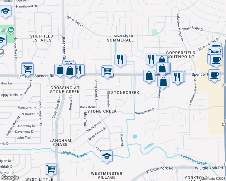 map of restaurants, bars, coffee shops, grocery stores, and more near 6843 Knoll Spring Way in Houston
