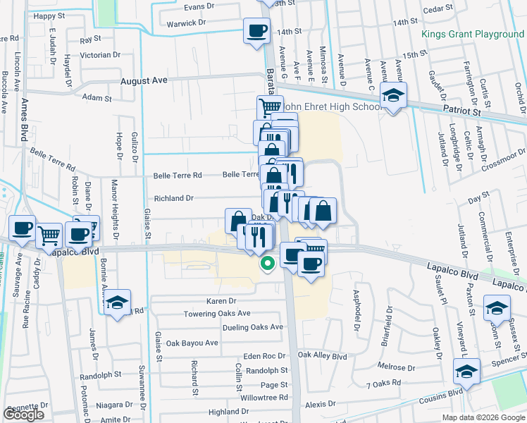 map of restaurants, bars, coffee shops, grocery stores, and more near 1820 Barataria Boulevard in Marrero