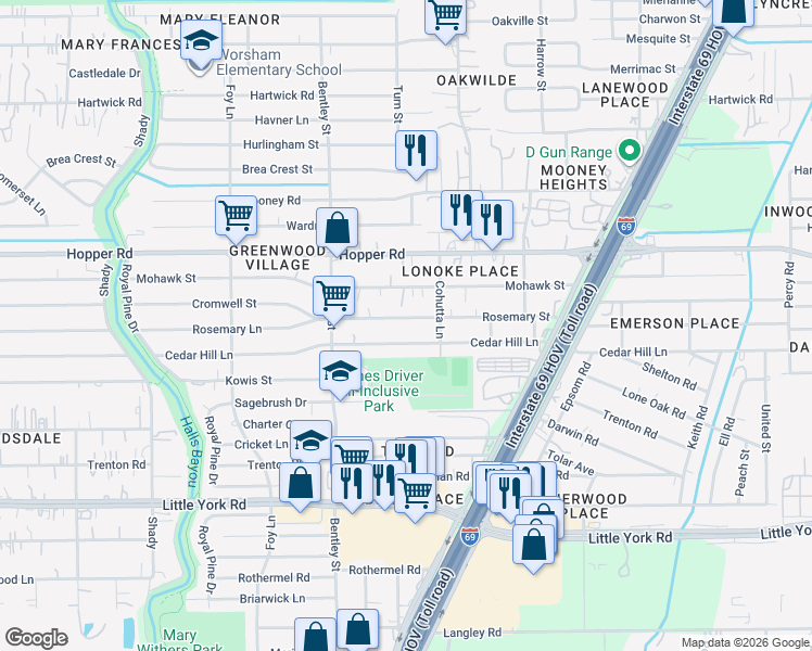 map of restaurants, bars, coffee shops, grocery stores, and more near 3530 Rosemary Lane in Houston
