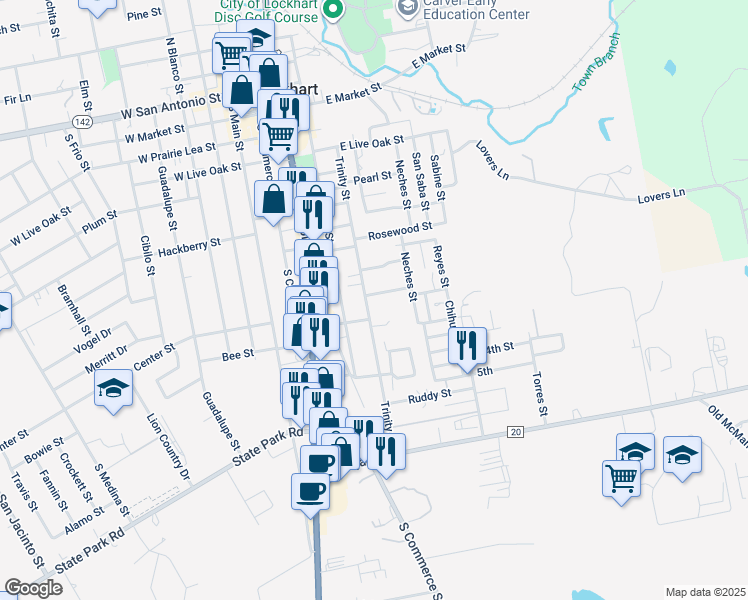 map of restaurants, bars, coffee shops, grocery stores, and more near 802 Trinity St in Lockhart