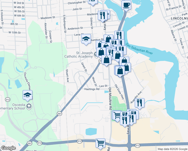 map of restaurants, bars, coffee shops, grocery stores, and more near 297 Henry Street in St. Augustine