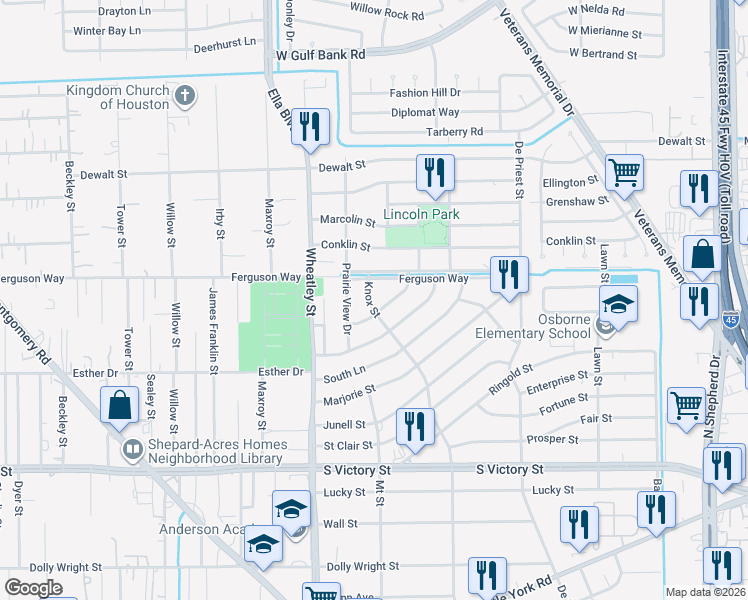 map of restaurants, bars, coffee shops, grocery stores, and more near 8404 Knox Street in Houston