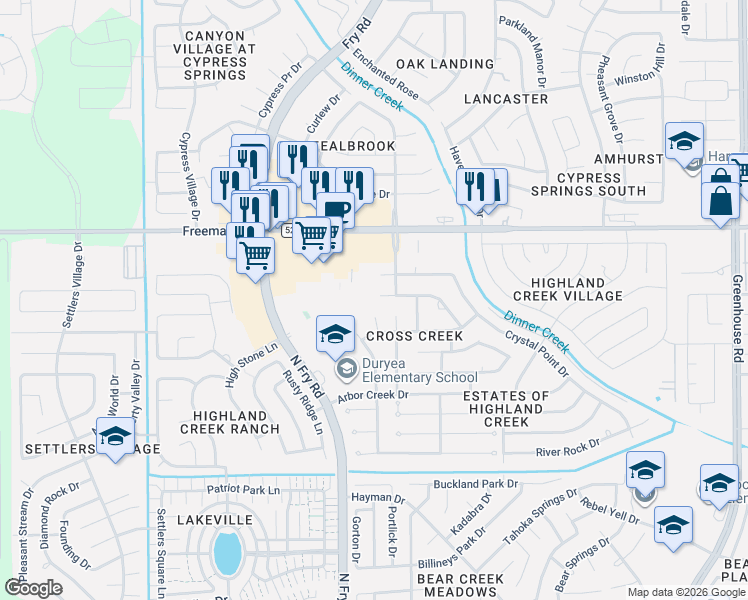 map of restaurants, bars, coffee shops, grocery stores, and more near 7043 Sterling Meadow Drive in Katy