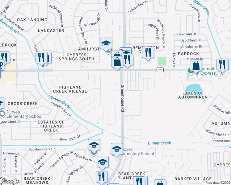 map of restaurants, bars, coffee shops, grocery stores, and more near 19323 Caledonia Drive in Katy