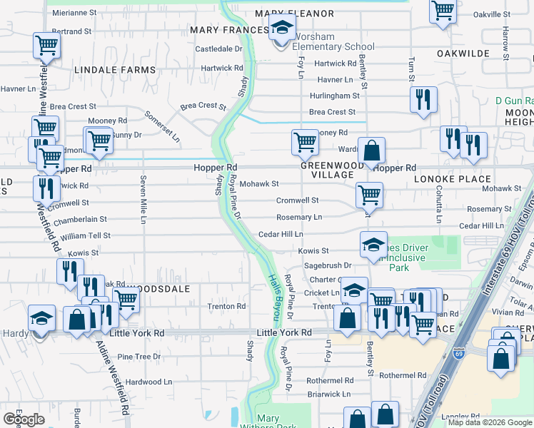 map of restaurants, bars, coffee shops, grocery stores, and more near 2913 Rosemary Lane in Houston