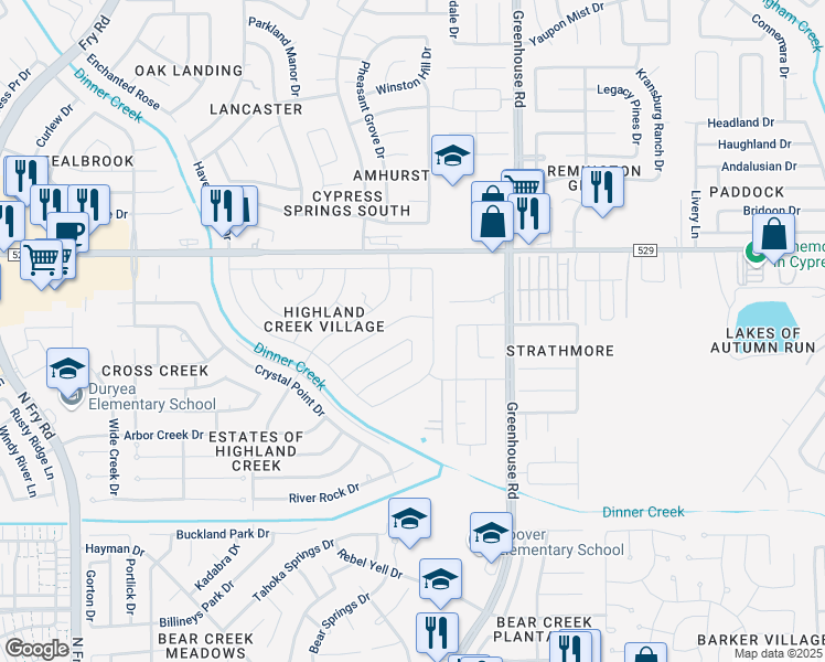 map of restaurants, bars, coffee shops, grocery stores, and more near 19402 Thunder Rock Drive in Katy